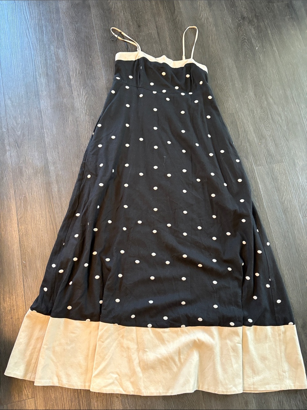 Maude Club linen Black Polka Dot Maxi Dress with Cream Trim Medium - Picture 8 of 8